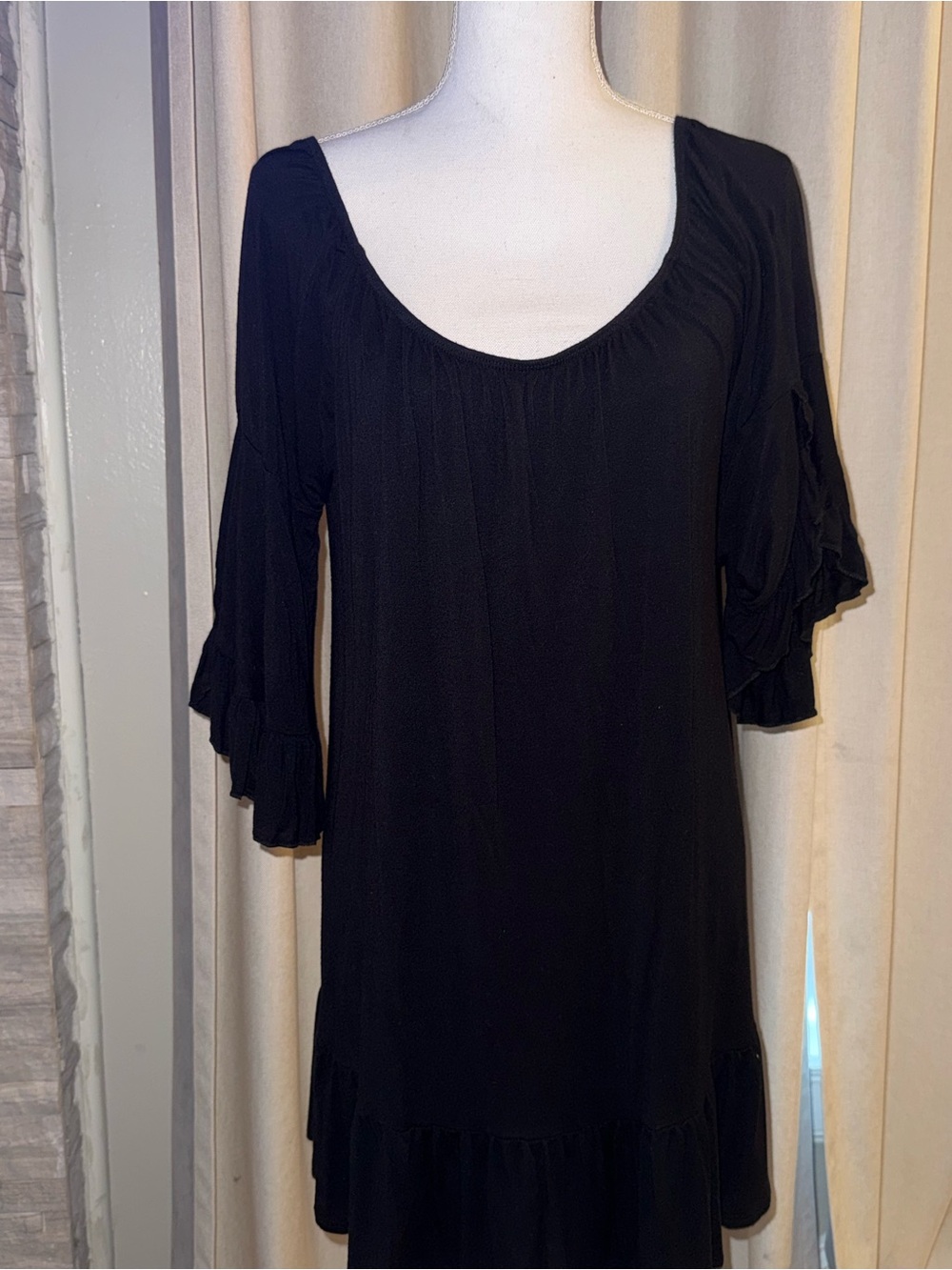 Black Scoop Neck Ruffle Sleeve Dress